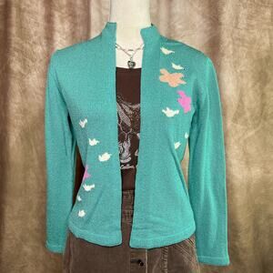 Vintage Cardigan Sweater 60s Floral Knit Open Front Clouds Birds Cottagecore Mod